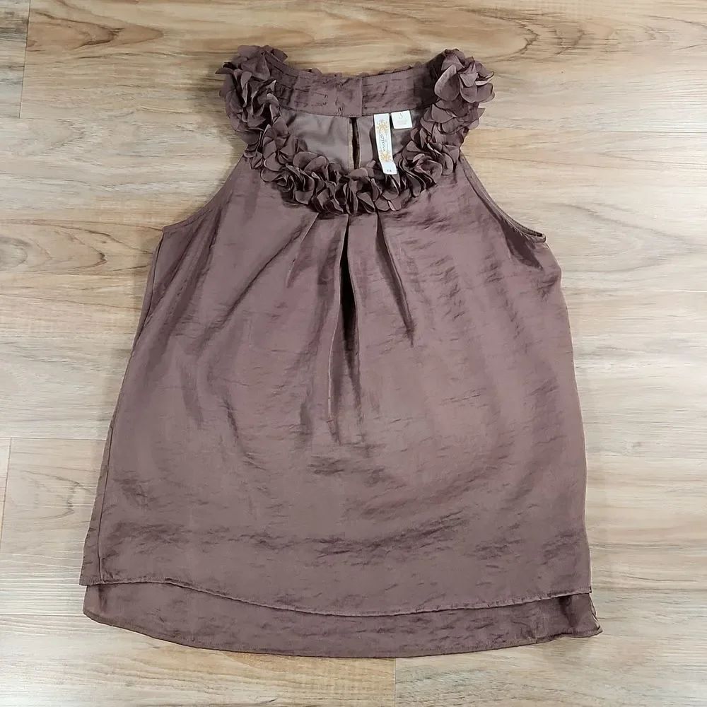 🔹️Anthropologie Adiva Brown Ruffled Rosette Neck Sleeveless Top Small